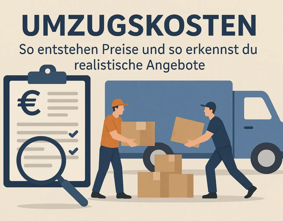 Illustration zu Umzugskosten mit Transporter, Umzugshelfern und Checkliste. Erklärt Umzug Wien Kosten und Preisfaktoren bei einem Umzugsunternehmen in Wien.