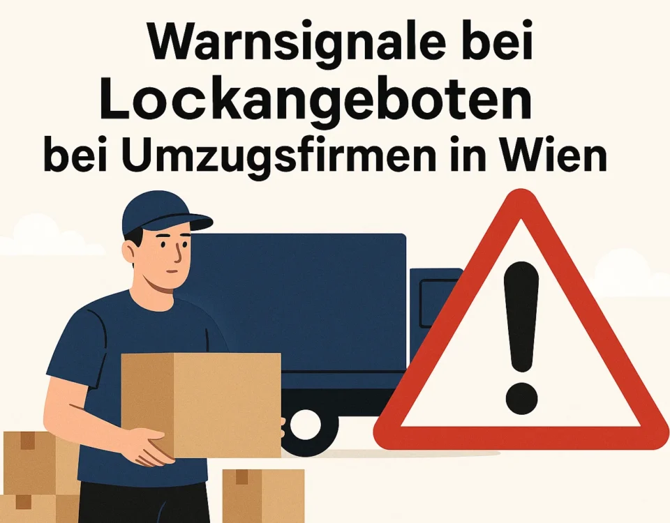 Illustration mit Umzugshelfer und Warnsymbol. Warnsignale bei Lockangeboten bei Umzugsfirmen in Wien. Tipps, wie du ein seriöses Umzugsunternehmen Wien erkennst.